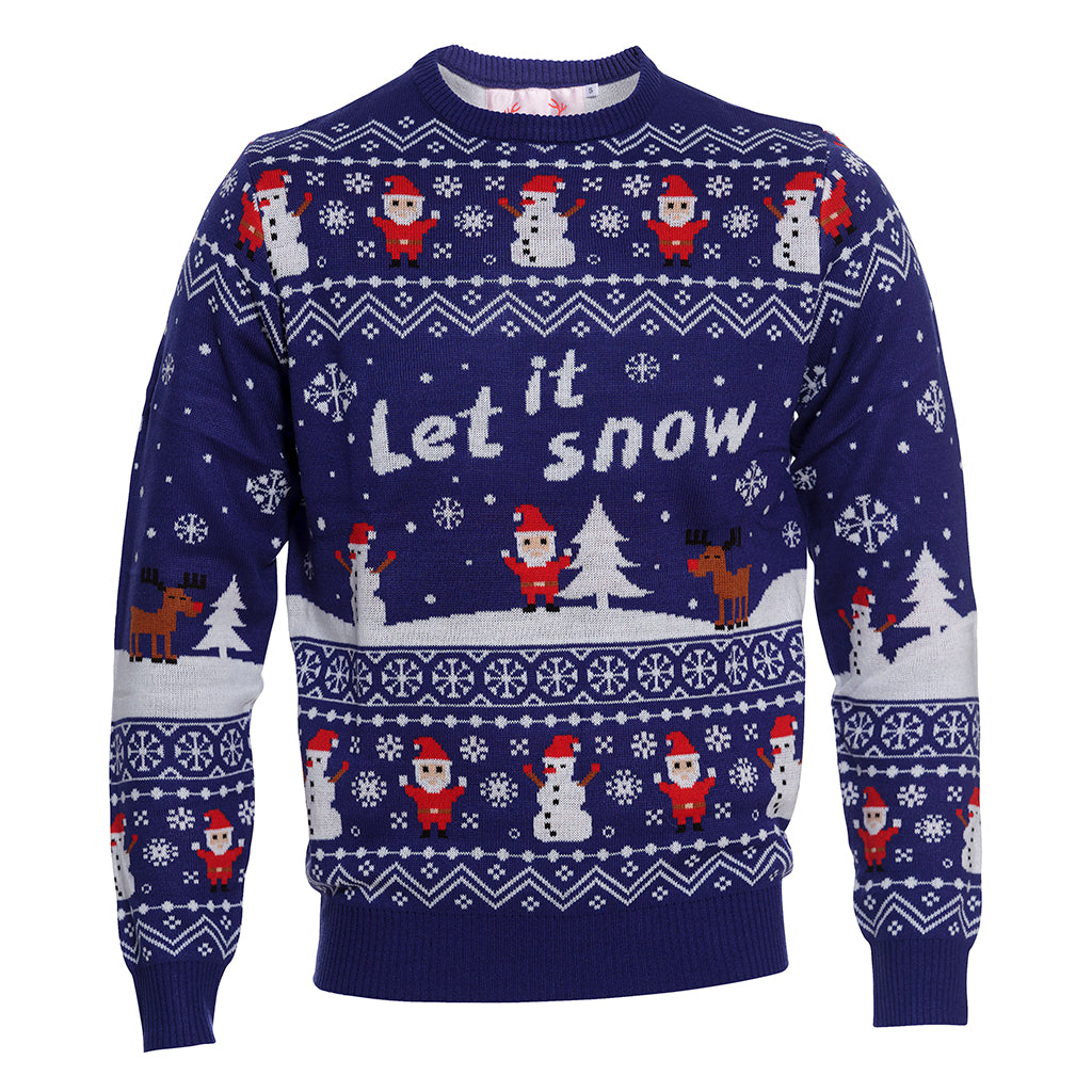 En blå julesweater med et snelandskab og snemænd.